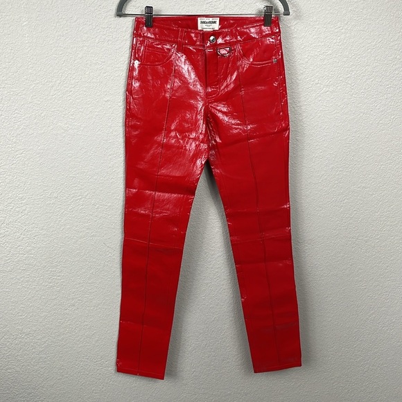 NWT Zadig & Voltaire Peko Skinny Vinyl Trouser Pants Shiny Red Leather Sz 34 - Picture 4 of 16